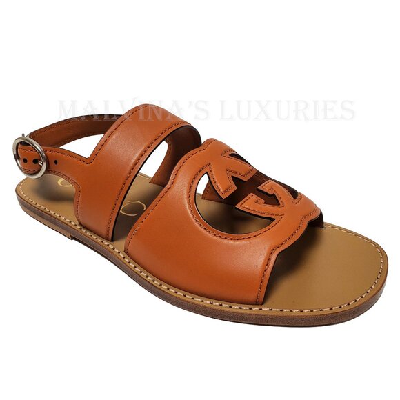 GUCCI SHOES MENS BROWN LEATHER CUTOUT INTERLOCKING G LOGO SANDALS sz 8 / 8.5 - Picture 8 of 16